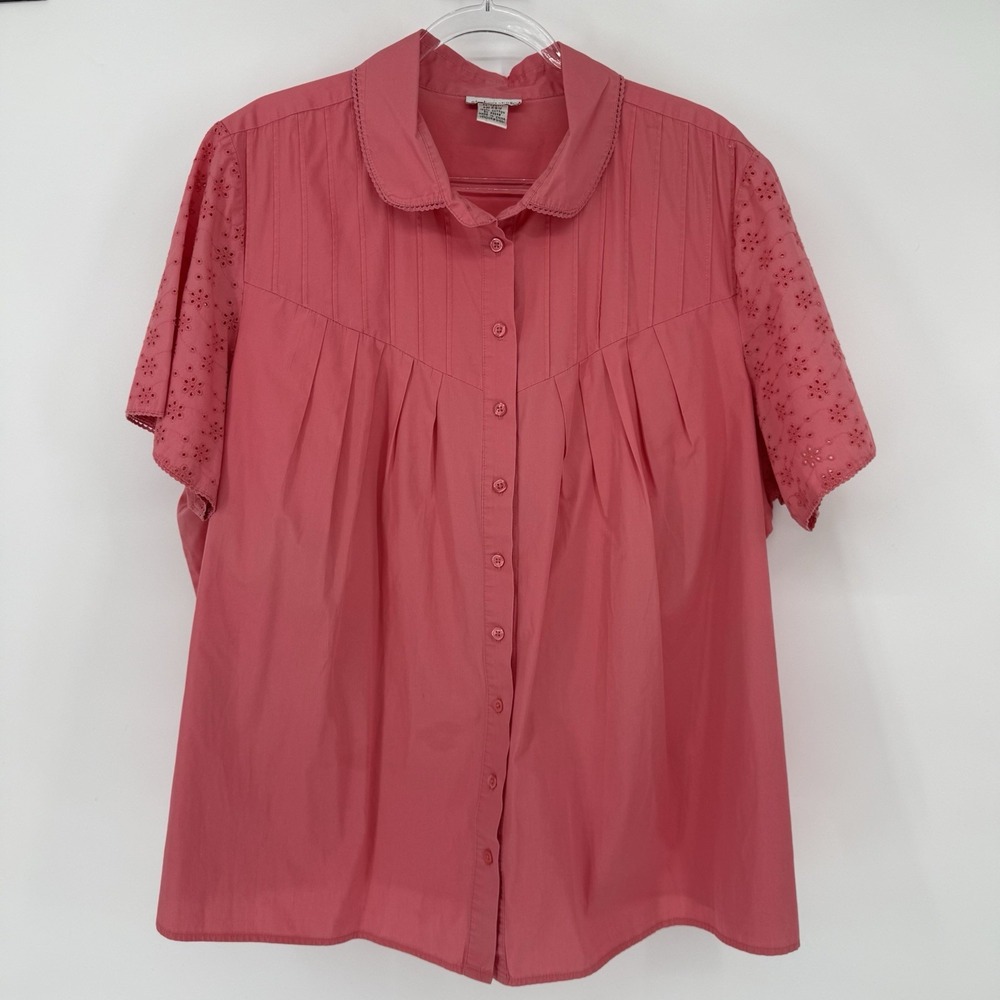 Chelsea Studio Womens Button Up Blouse Coral Eyelet Short Sleeve 28W 100% Cotton